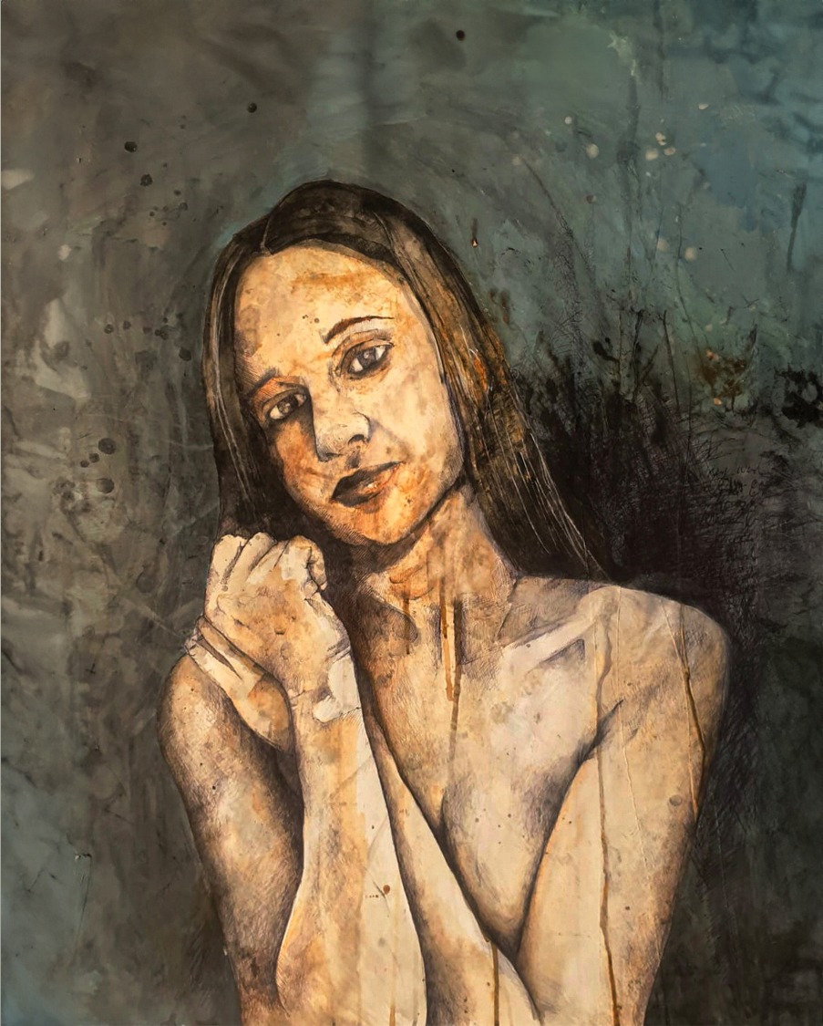 Mark Shaun Hopkins' mixed media portrait of a woman in warm tones.