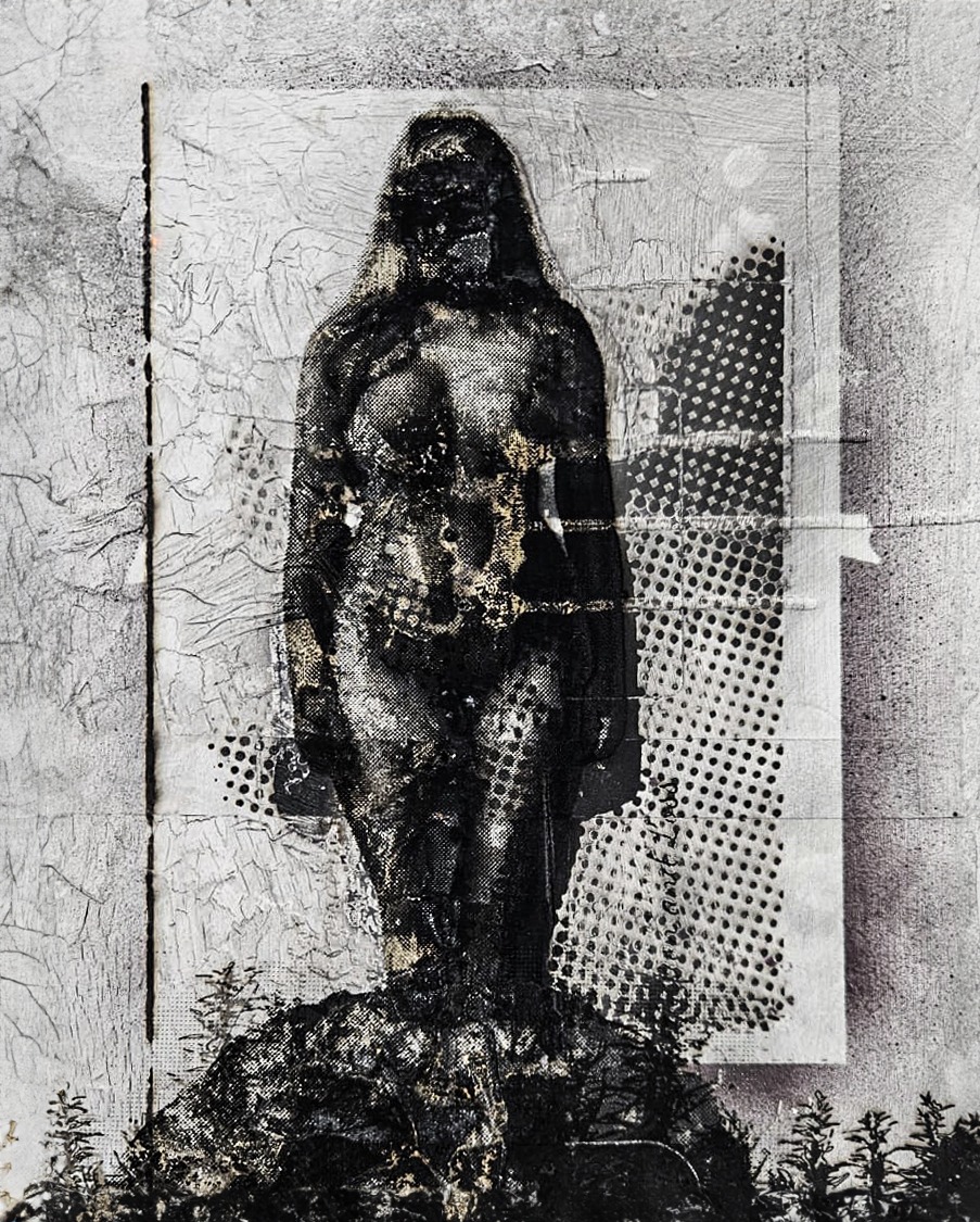 Mark Shaun Hopkins' artwork of a woman in black and white with textured elements.