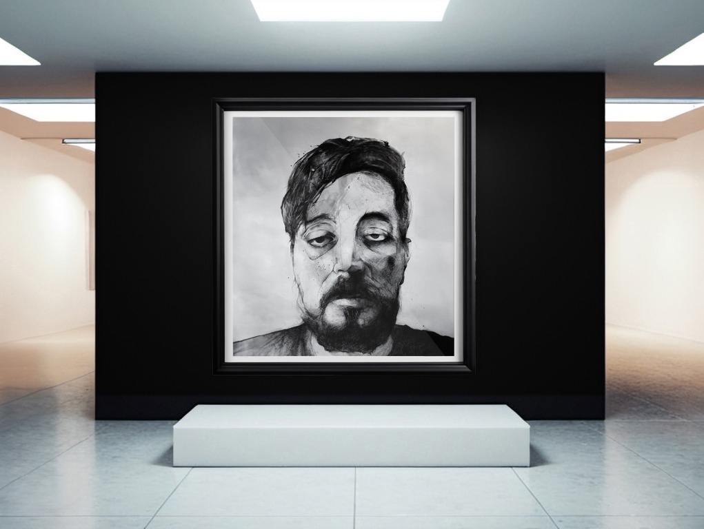 Mark Shaun Hopkins' artwork titled 'COV[ID]' displayed in a modern gallery setting. The artwork is a mixed media piece from 2023.